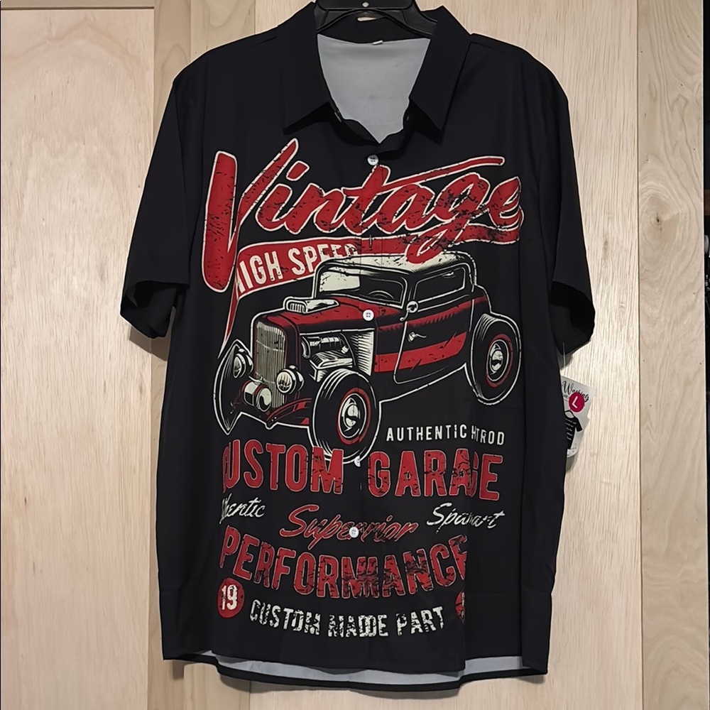 Black and Red Casual Button Down Shirt with Vintage Automotive Design